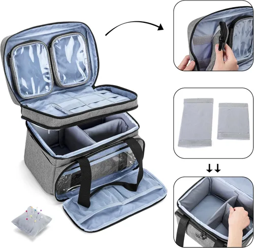 Miniatura 3 de BAFASO Organizador de accesorios de costura de doble capa con 2 bolsas desmontables, bolsa de almacenamiento grande para herramientas de costura Gris