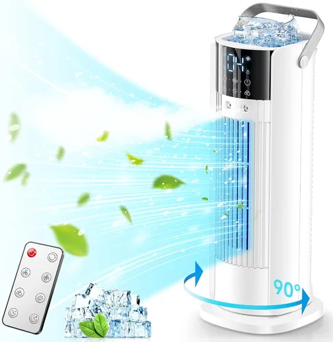 Aire acondicionado portátil – Ventilador de torre oscilante de 90° con control remoto, enfriador de aire evaporativo de 16 pulgadas con 4