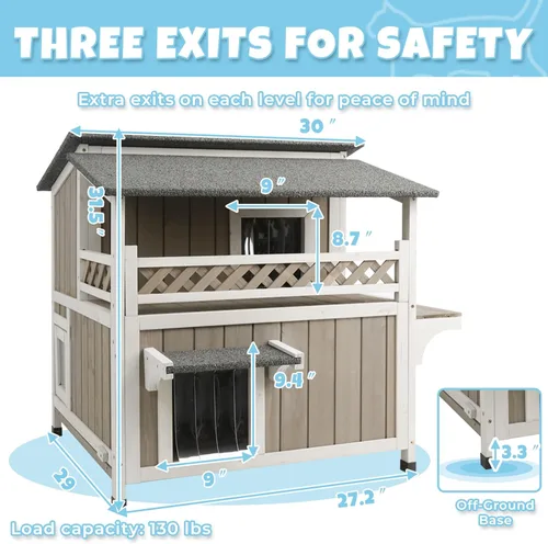 Miniatura 7 de Casa de madera para gatos para exteriores e interiores, resistente a la intemperie, refugio para gatos de dos pisos, hogar cerrado para gatos