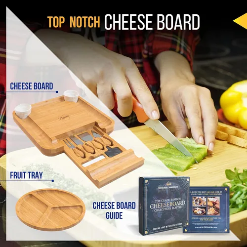 Miniatura 3 de Ayeeko Tablas de queso de bambú, tabla de carne de embutidos con cajón deslizante, 4 cuchillos de acero inoxidable y cuencos de cerámica, bandeja