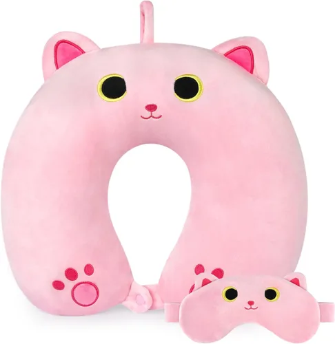 Miniatura 6 de Almohada cervical de viaje para niños y adultos, linda almohada de viaje para niños con gato negro, almohada de cuello de dibujos animados