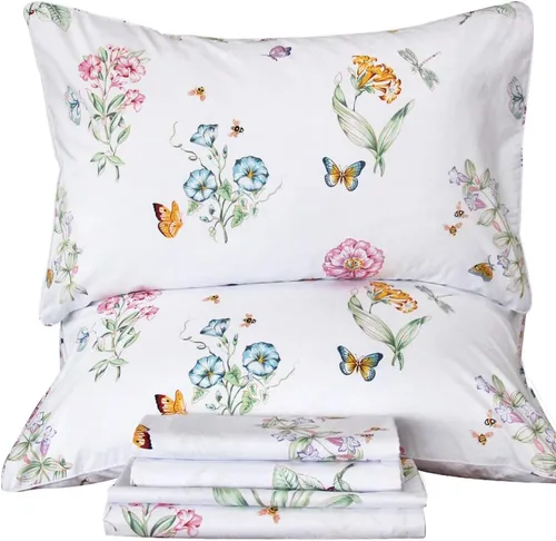 Miniatura 11 de QSH Juego de sábanas tamaño King con estampado floral - Estampado botánico de flores verdes, pájaros y mariposas, ropa de cama de algodón egipcio