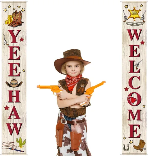 Blulu Decoración de puerta de fiesta de vaquero occidental, decoración temática del salvaje oeste, cartel colgante de porche de bienvenida Yee Haw,