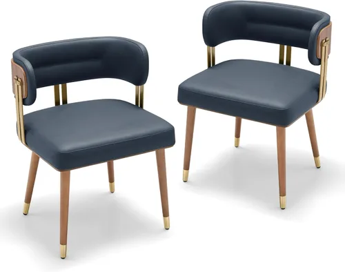ARTPLAN Juego de 2 sillas de comedor de cuero de nogal, modernas sillas de cocina con cojín de espuma de alta resistencia y marco de acero 2-Azul