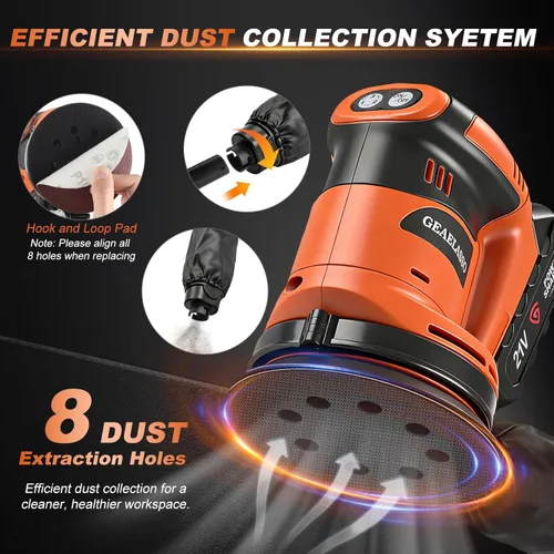 Miniatura 7 de Lijadora orbital aleatoria inalámbrica de 5 pulgadas, lijadora orbital de palma con 3 velocidades variables de 8000 a 13000 RPM con batería