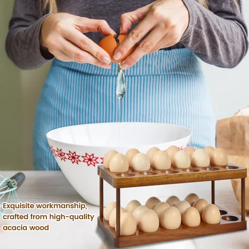 Miniatura 4 de Soporte para huevos de madera de doble capa, organizador de bandejas de huevos de acacia de cocina de granja, cesta de almacenamiento de huevos