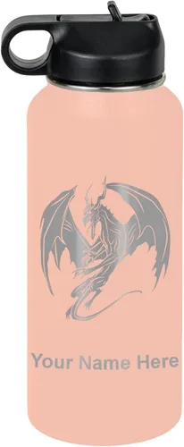 Miniatura 72 de LaserGram Botella de agua con tapa abatible de doble pared de 12 onzas con pajilla, dragón, grabado personalizado incluido (negro)