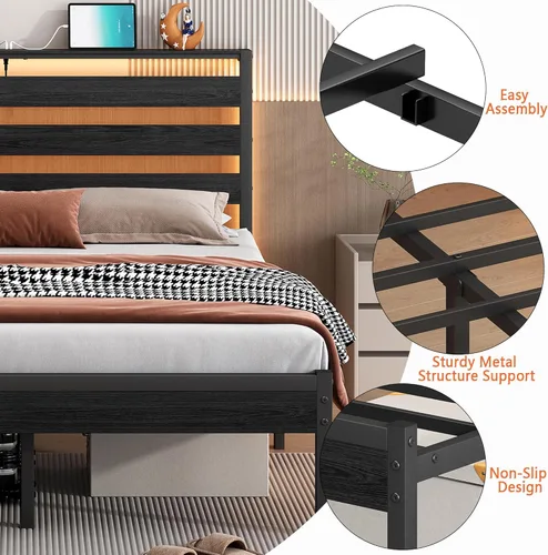 Miniatura 5 de CLIBFENG Base de cama tamaño individual con estación de carga USB, marco de cama LED con cabecera de almacenamiento de madera, cama de plataforma