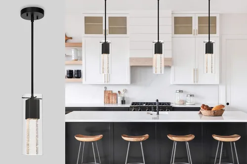 Miniatura 3 de XiNBEi Lighting Lámpara colgante, moderna cocina negra colgante colgante de iluminación con vidrio cuadrado y bombilla LED XB-P1110-SQ-MB