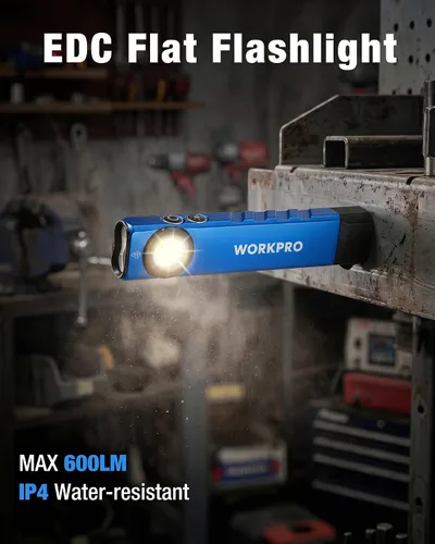 Miniatura 2 de WORKPRO linterna recargable de trabajo, linterna de bolsillo plana de 600 lúmenes con luz UV, base magnética y clip, linterna LED EDC delgada