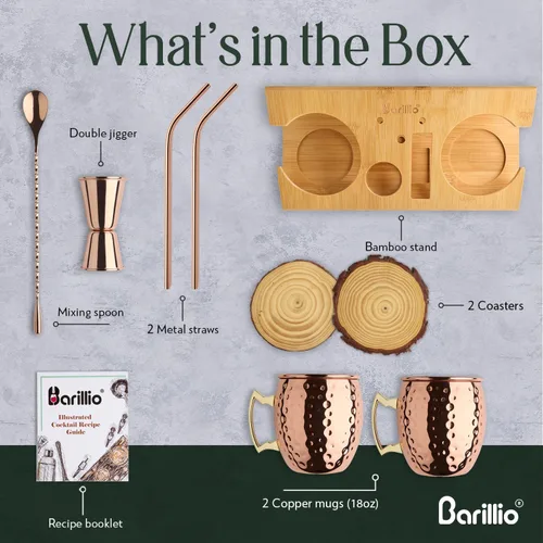 Miniatura 2 de Barillio Moscow Mule - Juego de 2 tazas de cóctel de acero inoxidable, chapadas en cobre con soporte de bambú, aptas para alimentos, kit Moscow Mule