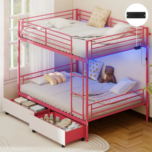 Miniatura 12 de Zevemomo - Litera de cama individual sobre cama matrimonial, literas de metal de bajo perfil con barandilla de seguridad de longitud completa