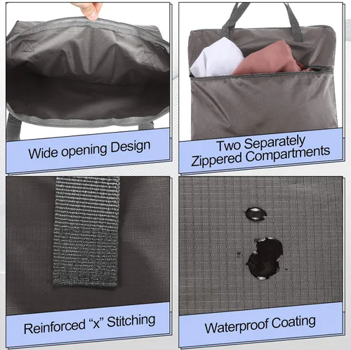Miniatura 2 de 2 bolsas de lavandería de viaje impermeables con asa, bolsa de ropa sucia para viajes, cesta de lavandería colgante con dos bolsillos con Gris