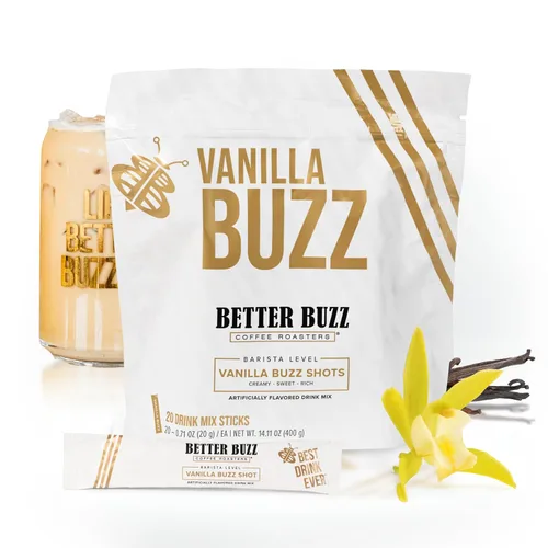 Better Buzz Palitos de crema de café de vainilla - 20 ct, paquetes de crema instantánea, crema en polvo con sabor a vainilla para disfrutar del café