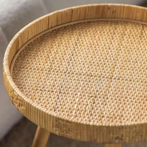 Miniatura 8 de Mesa auxiliar redonda, mesa auxiliar circular bohemia con patas de madera maciza, mesas auxiliares de ratán, sala de estar para espacios pequeños