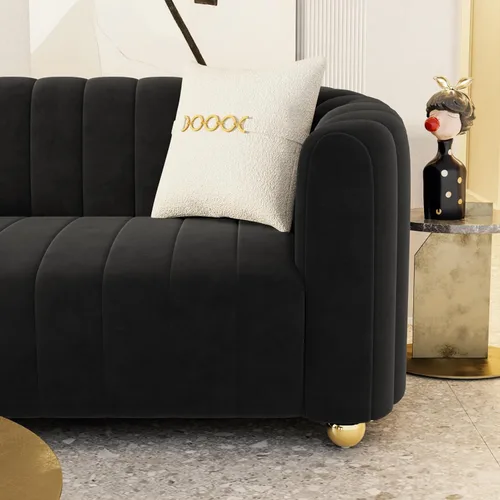 Miniatura 6 de Moderno juego de sofá de terciopelo negro de 3 piezas para sala de estar, juego de sofá curvado acolchado con patas de esfera de metal dorado
