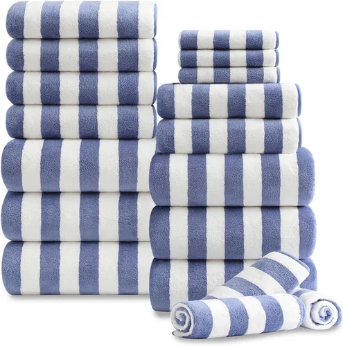 Miniatura 9 de Juego de 18 toallas de baño de rayas color blanco y negro con lazo para colgar, 6 toallas de baño, 6 toallas de mano, 6 toallas familiares, juego