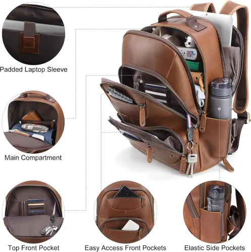 Miniatura 3 de TIDING Mochila de cuero para hombre para laptop de 16 pulgadas y 15.6 pulgadas, bolsa de trabajo vintage de viaje de negocios, mochila grande