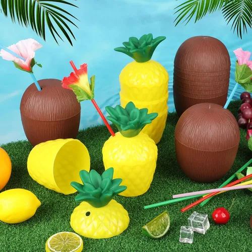 Miniatura 6 de Amyhill 36 tazas tropicales de piña y coco, tazas de plástico para fiestas hawaianas con 36 tapas y pajitas de flores, suministros de despedida