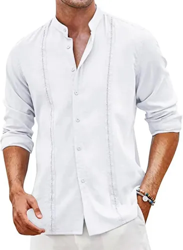 Miniatura 8 de Camisa de manga larga para hombre, sin cuello, ligera, transpirable, Guayabera Cuba camisa con botones para la playa Azul-cielo