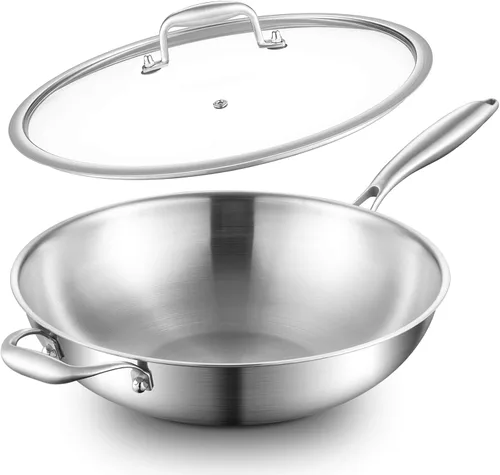 Miniatura 13 de DELARLO Woks y sartenes para saltear, sartén de acero inoxidable de 13 pulgadas con tapa, superficie de cocción grande, sartén wok de acero
