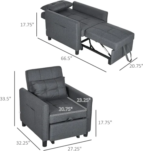 Miniatura 2 de HOMCOM Silla convertible 3 en 1, sofá cama individual multifuncional, silla extraíble con respaldo ajustable, almohada y bolsillos, color gris