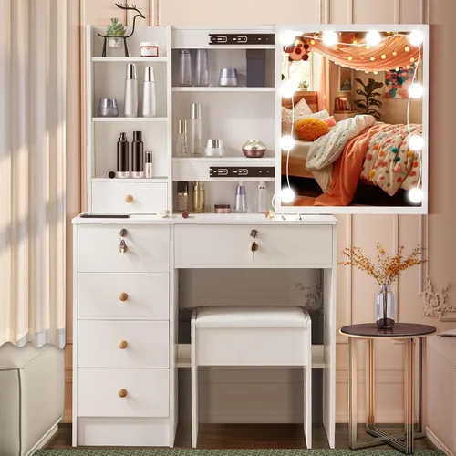 Miniatura 11 de Escritorio de tocador con espejo LED deslizante, mesa de maquillaje blanca con 6 cajones, 4 estantes de almacenamiento y taburete, 3 modos