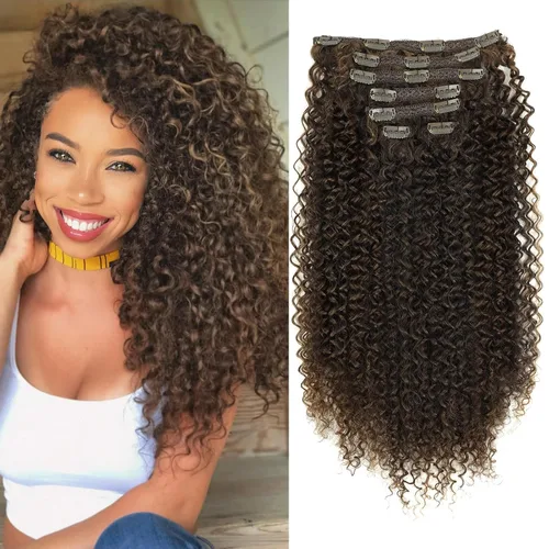 Miniatura 11 de Extensiones de cabello sintético con clip, extensiones de cabello sintético negro y rubio miel, extensiones de cabello rizado Jerry para mujeres