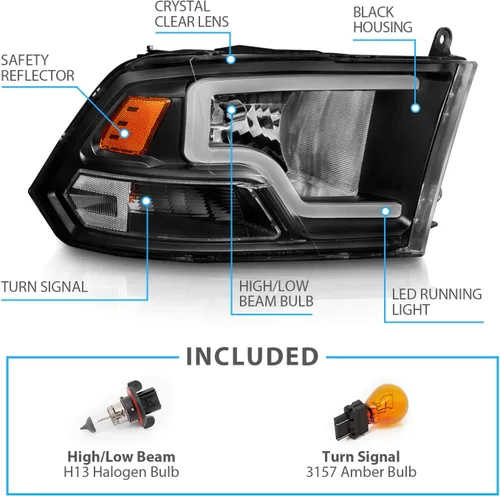 Miniatura 5 de AmeriLite para 2009-2018 Dodge Ram 1500 2500 3500 Camion Faros LED de Barra Negros de Reemplazo, Pareja - Lado del Conductor y del Pasajero