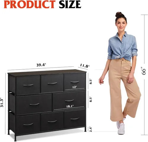 Miniatura 3 de WLIVE Cómoda de 8 cajones para dormitorio, cómoda de tela negra con gran unidad de cajones de almacenamiento para entrada, cómoda de cajones