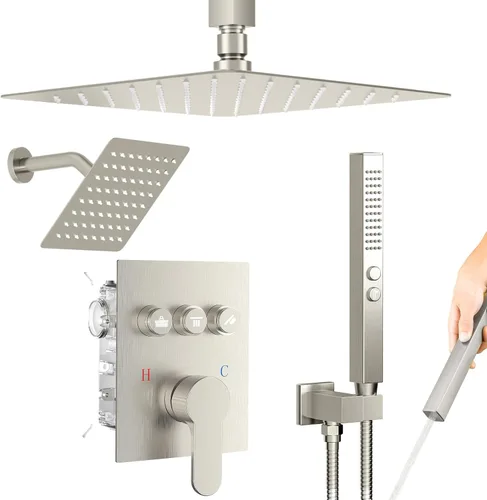 Miniatura 12 de Shower Faucet Set Brushed Nickel Shower System, Dual Head Shower Set STARBATH 12'' Ceiling Mount and 6''Wall Mount Rainfall Shower Systems with