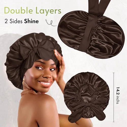 Miniatura 3 de BONNET QUEEN Gorro de seda para dormir, gorro de satén con lazo para el cabello, doble capa, para mujeres, cabello rizado, color marrón