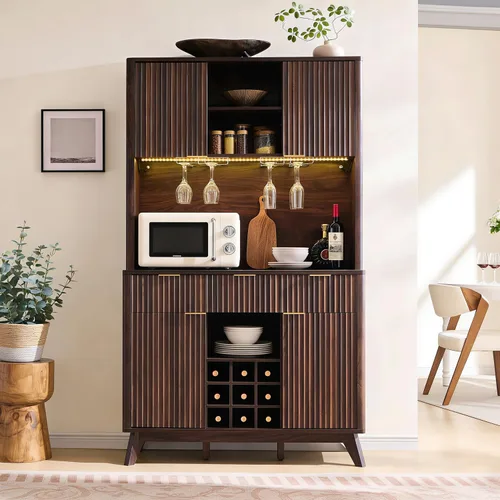 OKD Gabinete de barra de café acanalado de 72 pulgadas de alto con amplio almacenamiento, aparador de buffet moderno con soporte para vidrio, Nogal