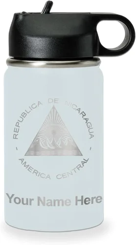 Miniatura 66 de LaserGram Botella de agua personalizada, bandera de Nicaragua, acero inoxidable de doble pared aislada al vacío con popote superior, regalo grabado
