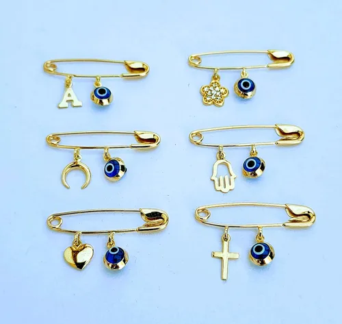 Miniatura 8 de 14k. Yellow Gold Baby Safety Pin Evil Eye & Initial Charms/Christening/Baptism/NOT Gold Filled NOT Gold Plated