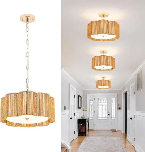 Miniatura 7 de ✿ Lámpara de Techo de Ratán Tejido a Mano de 13.8" con 3 Luces Montaje Empotrado Boho Negro para Dormitorio Pequeño y Guardería, Luz de Techo