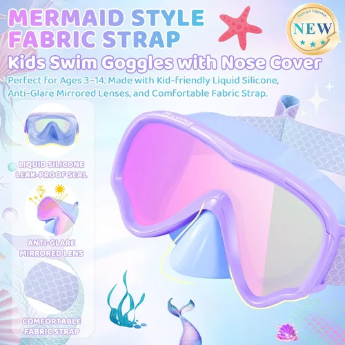 Miniatura 2 de Vvinca Kids-Goggles with Nose Cover, Diving Mask Elastic Fabric Strap Anti Fog Anti Shattered Lens for Kids Swim Goggles 3-14