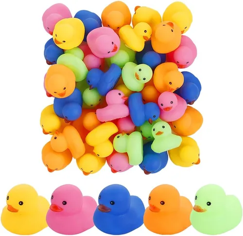 50 piezas de mini pato de goma multicolor de baño, chirridos y flotadores, pequeños patos de colores a granel, regalos de cumpleaños, incentivos