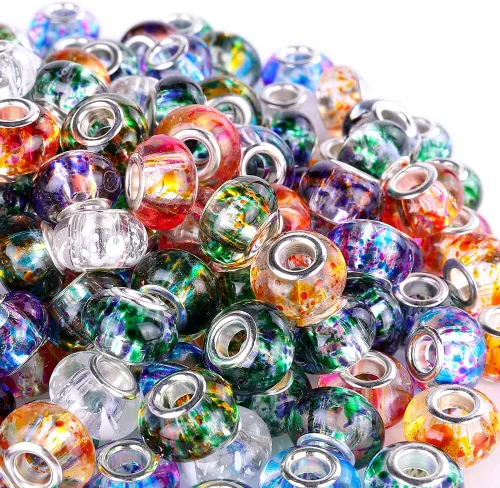 Miniatura 21 de 100 Piezas Cuentas Espaciadoras Europeas de Agujero Grande de 0.551 pulgadas, Mezcla de Colores con Núcleos de Latón Plateado Surtidos Cuentas