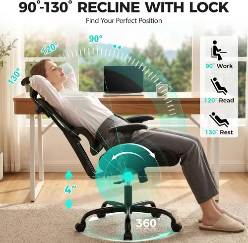 Miniatura 3 de Silla de Oficina Ergonómica de Respaldo Alto Silla de Escritorio con Soporte Lumbar, Silla de Computadora de Malla Transpirable con Reposabrazos