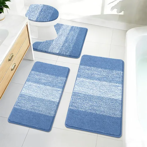 Miniatura 26 de Bsmathom Juego de 4 alfombras de baño, alfombras de baño de microfibra suave y absorbente con alfombra de contorno en forma de U para inodoro y Azul