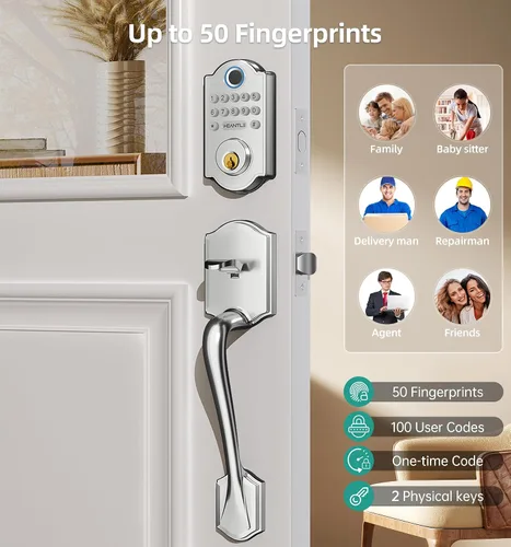 Miniatura 8 de Juego de Cerradura de Puerta con Huella Dactilar sin Llave: Cerradura de Puerta Principal HEANTLE WiFi con Manijas - Conjuntos de Pestillo