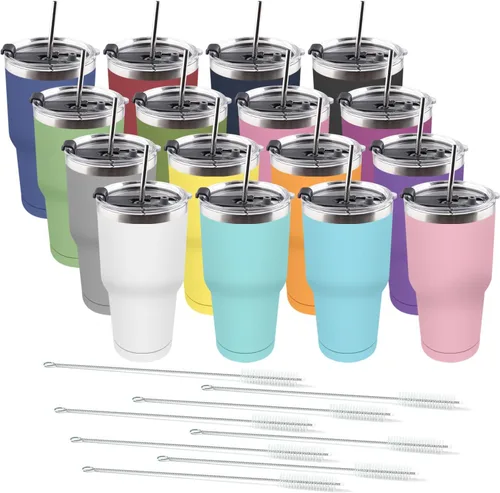 Miniatura 14 de Amtidy Paquete de 16 tazas de viaje de 30 onzas, vaso de acero inoxidable recubierto de polvo de doble pared a granel, taza de café aislada duradera