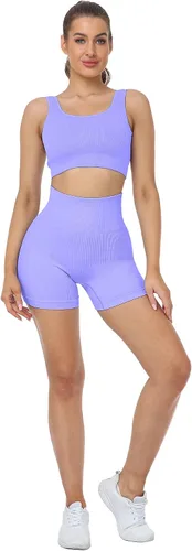 Miniatura 3 de LZYVOO Pantalones cortos de entrenamiento de 4 piezas para mujer, cintura alta, acanalados, sin costuras, pantalones cortos de ciclismo de elastano