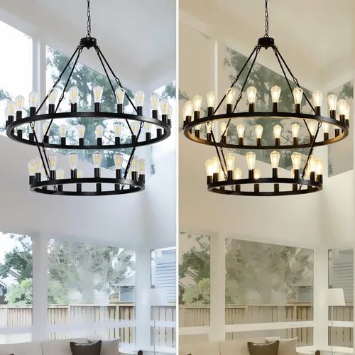 Miniatura 7 de Candelabro negro de 48 pulgadas con rueda de vagón, 2 niveles y 40 luces, estilo granja, industrial, redondo, de techo alto, cadena ajustable
