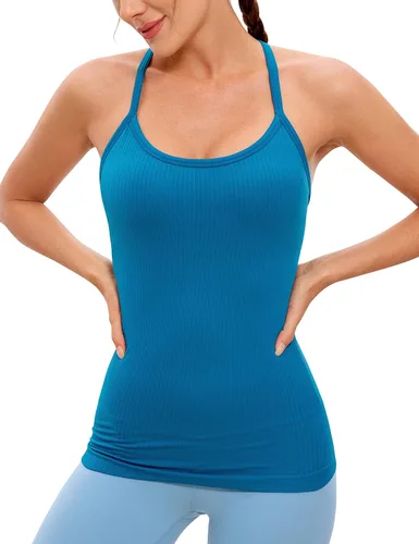 CRZ YOGA - Camisetas deportivas para mujer, sin mangas, sin costuras, con espalda cruzada y brasier incorporado, camiseta para entrenamiento