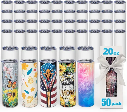 Miniatura 10 de Paquete de 25 vasos de sublimación de 20 onzas en blanco delgados y rectos a granel, vaso de sublimación aislado de acero inoxidable con Paquete