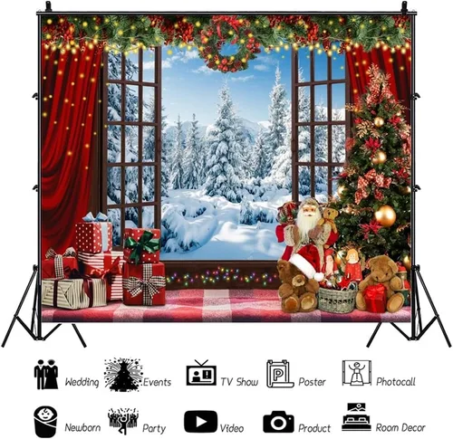 Miniatura 2 de Telón de fondo de ventana de Navidad país de las maravillas 10x8 pies árbol de Navidad rojo para niños fotografía invierno nevado fondo de foto