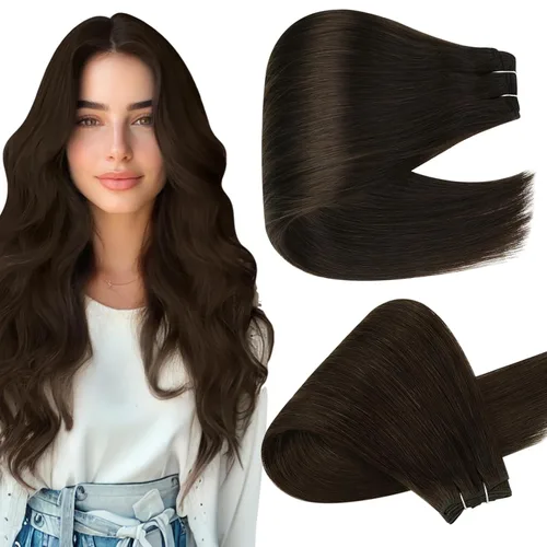 Miniatura 14 de Full Shine Extensiones de cabello humano, 18 pulgadas, mechones de trama, color #2 castaño oscuro, 3.5 onzas, cabello Remy para coser, doble trama
