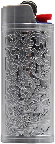 Funda de encendedor de metal con diseño floral vintage estampado para encendedor BIC de tamaño completo J6 Plata Gris